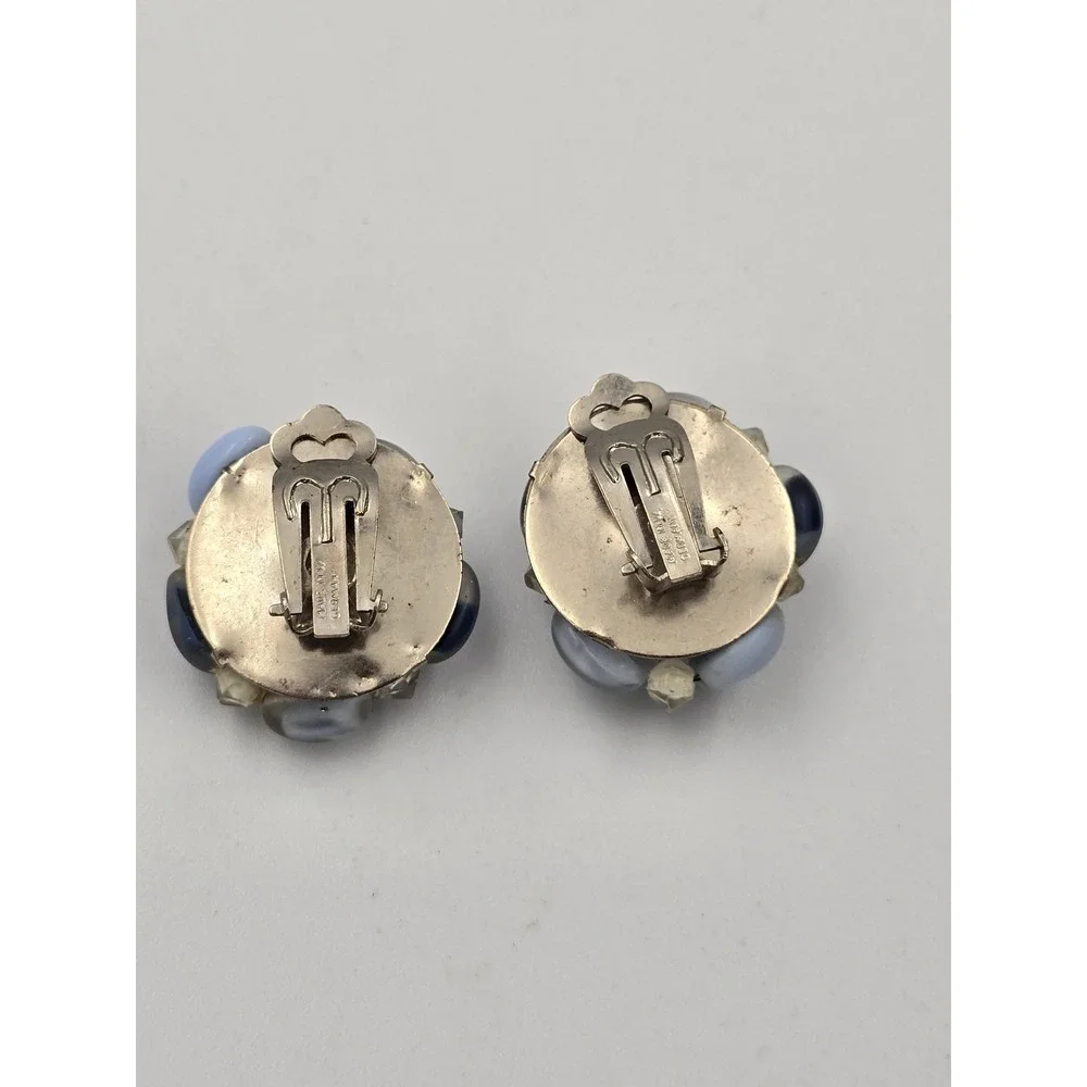 Vintage West Germany Clip-On Earrings Blue Art Glass Cluster Beads Clear Accents